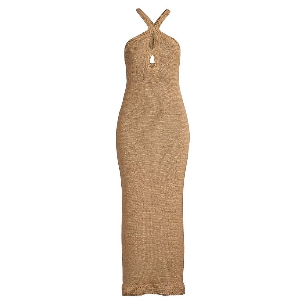 Significant Other Saoirse Midi Maxi Halter Dress Knit Crochet Biscuit Tan Size 6 - Picture 4 of 13